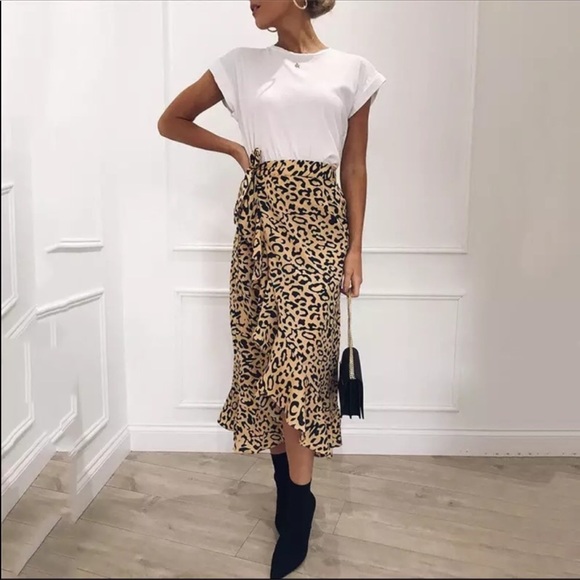 1 Left! Leopard Faux Wrap Ruffle Maxi Skirt - Picture 3 of 7